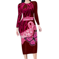 Polynesia Breast Cancer Family Matching Long Sleeve Bodycon Dress and Hawaiian Shirt Butterfly and Flowers Ribbon Maori Tattoo Ethnic Red Style LT03 Mom's Dress Red - Polynesian Pride