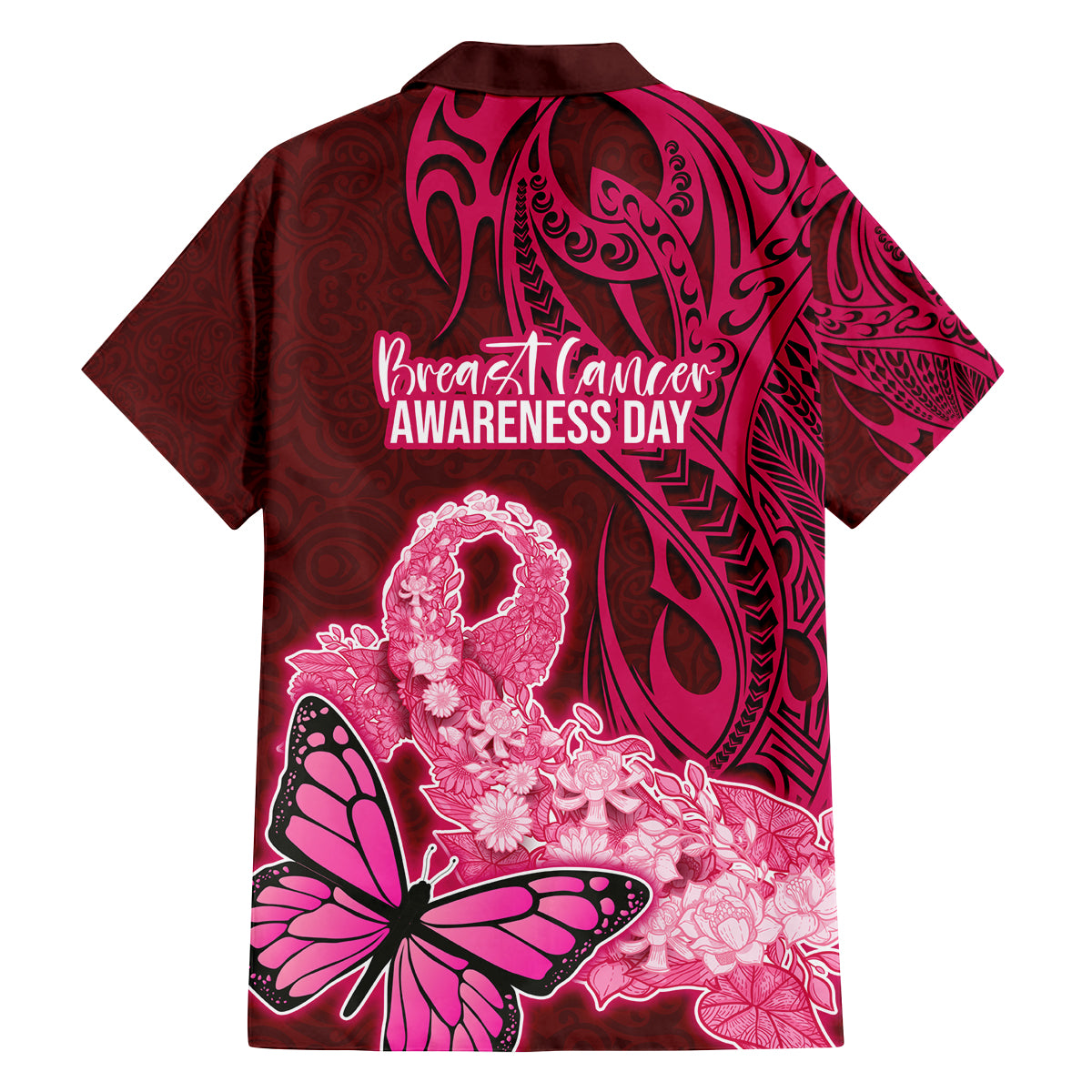 Polynesia Breast Cancer Family Matching Tank Maxi Dress and Hawaiian Shirt Butterfly and Flowers Ribbon Maori Tattoo Ethnic Red Style LT03 - Polynesian Pride