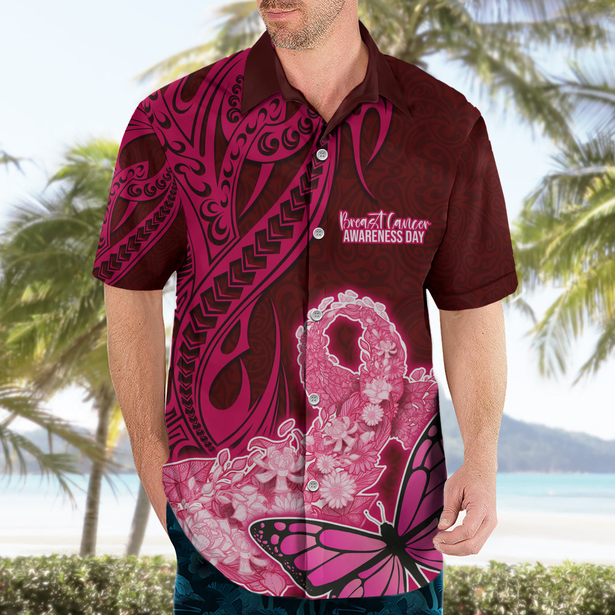 Polynesia Breast Cancer Hawaiian Shirt Butterfly and Flowers Ribbon Maori Tattoo Ethnic Red Style LT03 - Polynesian Pride