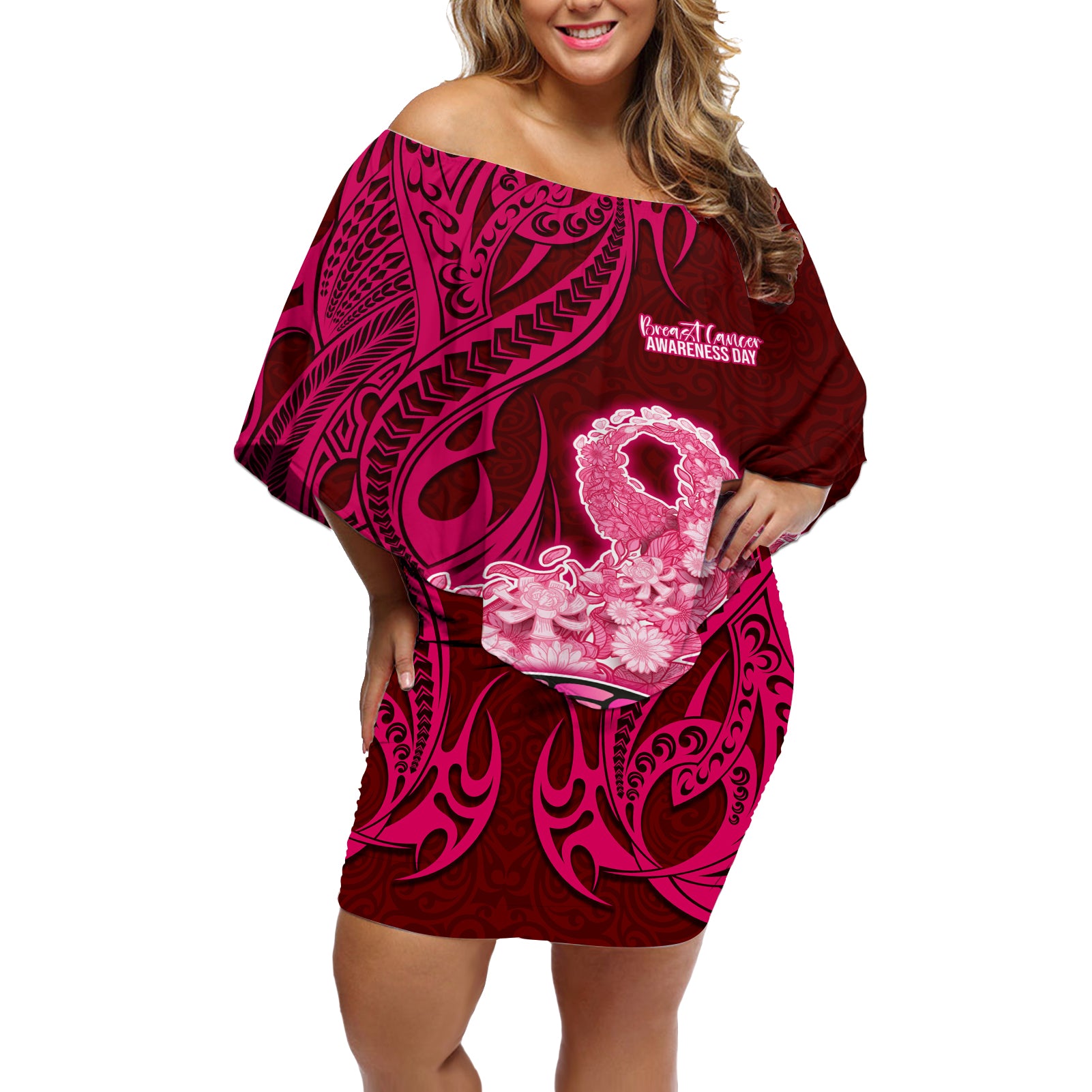 Polynesia Breast Cancer Off Shoulder Short Dress Butterfly and Flowers Ribbon Maori Tattoo Ethnic Red Style LT03 Women Red - Polynesian Pride