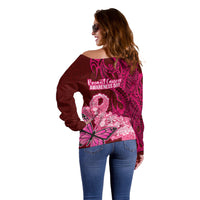 Polynesia Breast Cancer Off Shoulder Sweater Butterfly and Flowers Ribbon Maori Tattoo Ethnic Red Style LT03 - Polynesian Pride