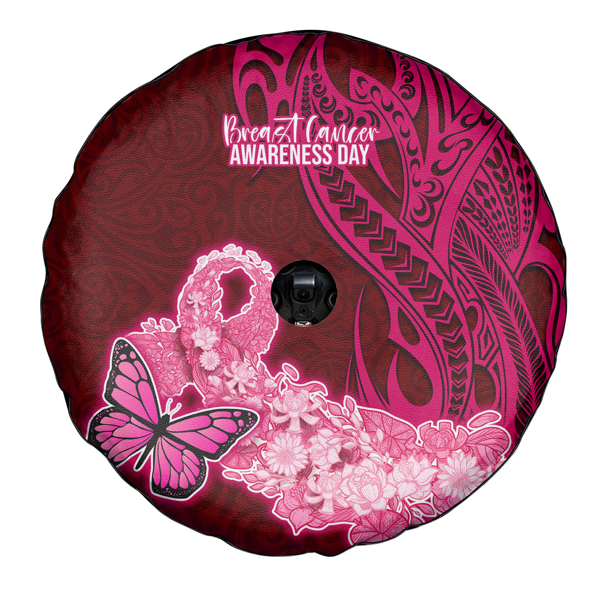 Polynesia Breast Cancer Spare Tire Cover Butterfly and Flowers Ribbon Maori Tattoo Ethnic Red Style LT03 - Polynesian Pride