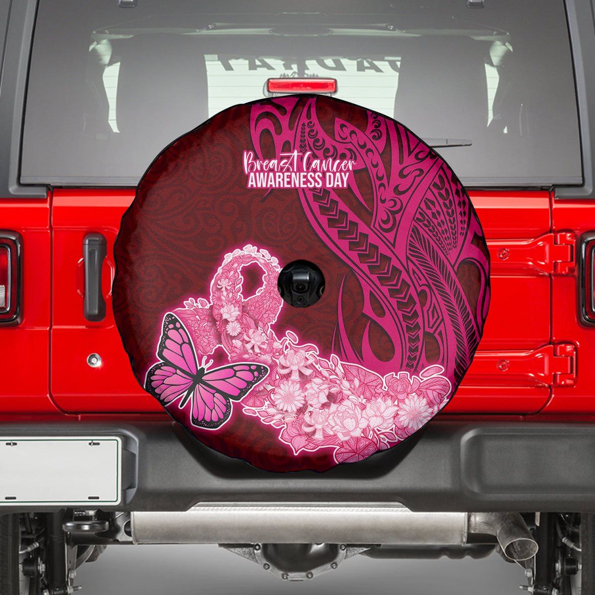 Polynesia Breast Cancer Spare Tire Cover Butterfly and Flowers Ribbon Maori Tattoo Ethnic Red Style LT03 - Polynesian Pride