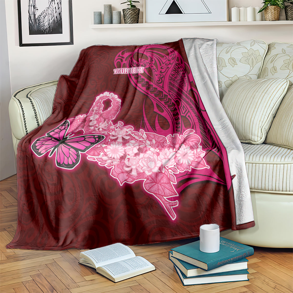 Custom Polynesia Breast Cancer Blanket Butterfly and Flowers Ribbon Maori Tattoo Ethnic Red Style LT03 - Polynesian Pride