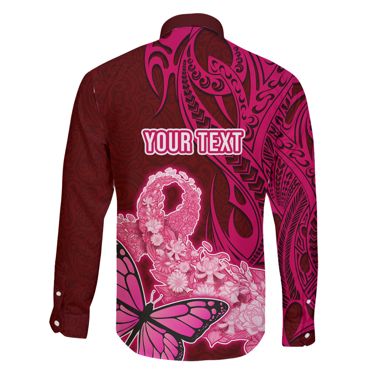 Custom Polynesia Breast Cancer Family Matching Off Shoulder Short Dress and Hawaiian Shirt Butterfly and Flowers Ribbon Maori Tattoo Ethnic Red Style LT03 - Polynesian Pride