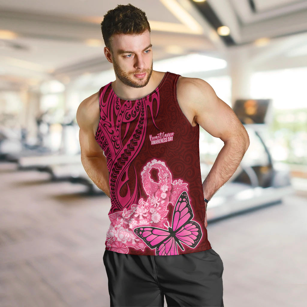 Custom Polynesia Breast Cancer Men Tank Top Butterfly and Flowers Ribbon Maori Tattoo Ethnic Red Style LT03 - Polynesian Pride