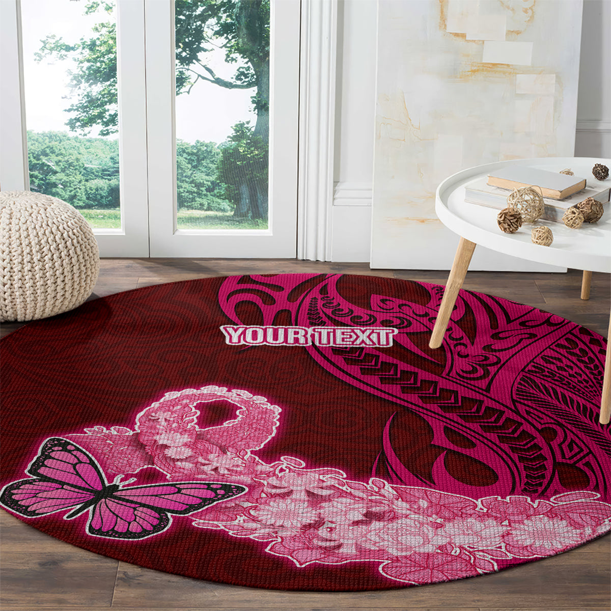 Custom Polynesia Breast Cancer Round Carpet Butterfly and Flowers Ribbon Maori Tattoo Ethnic Red Style LT03 - Polynesian Pride