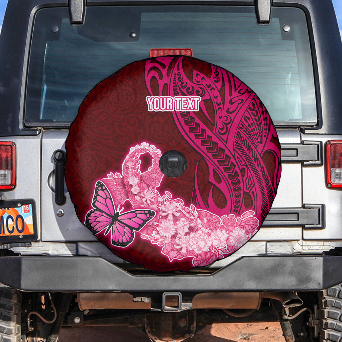 Custom Polynesia Breast Cancer Spare Tire Cover Butterfly and Flowers Ribbon Maori Tattoo Ethnic Red Style LT03 - Polynesian Pride