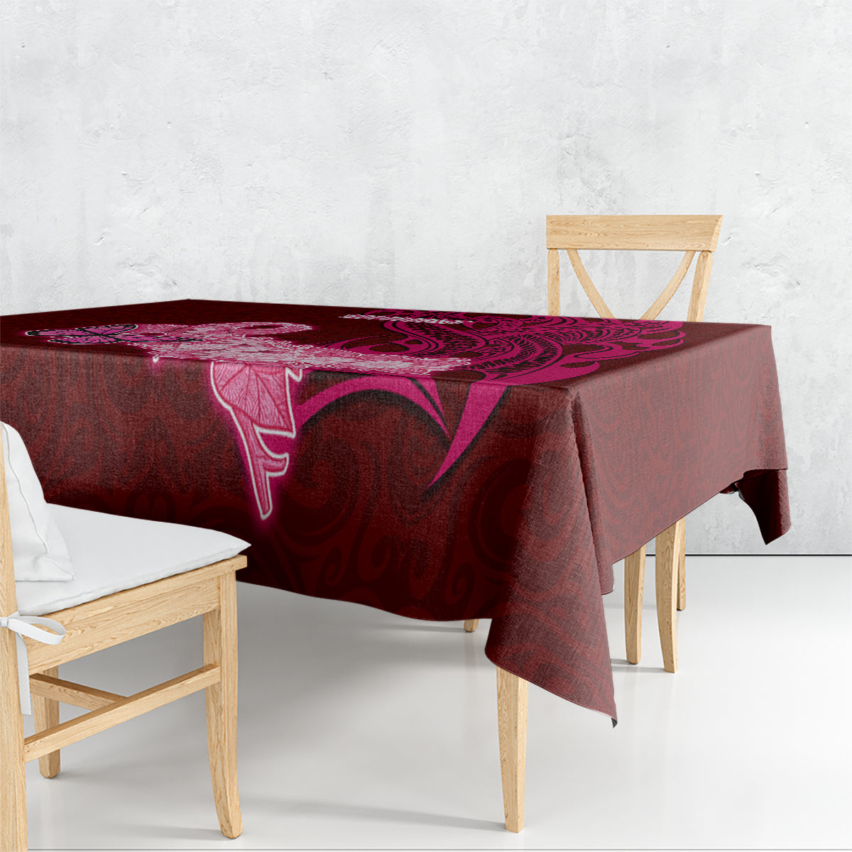 Custom Polynesia Breast Cancer Tablecloth Butterfly and Flowers Ribbon Maori Tattoo Ethnic Red Style LT03 - Polynesian Pride
