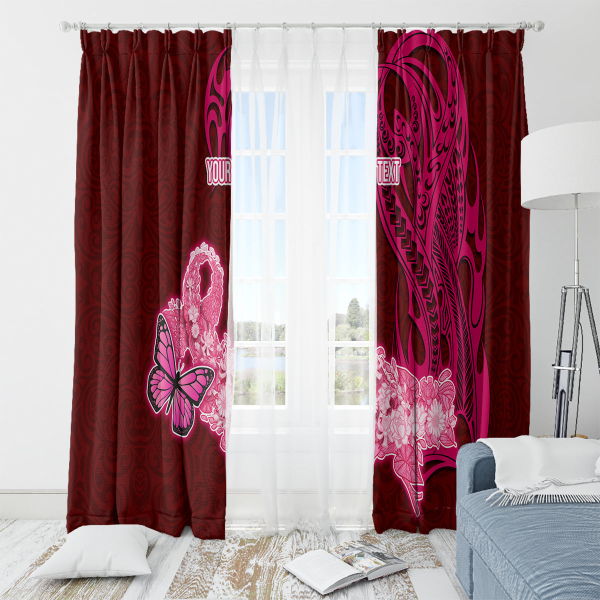 Custom Polynesia Breast Cancer Window Curtain Butterfly and Flowers Ribbon Maori Tattoo Ethnic Red Style LT03 - Polynesian Pride