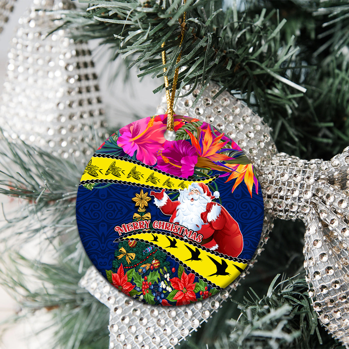 Cook Island Christmas Ceramic Ornament Santa Claus Mix Maroro and Kakaia Hibiscus Flower Maori Pattern LT03 - Polynesian Pride