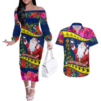 Cook Island Christmas Couples Matching Off The Shoulder Long Sleeve Dress and Hawaiian Shirt Santa Claus Mix Maroro and Kakaia Hibiscus Flower Maori Pattern LT03 Blue - Polynesian Pride