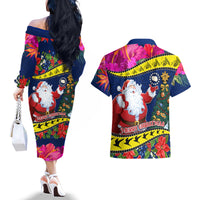 Cook Island Christmas Couples Matching Off The Shoulder Long Sleeve Dress and Hawaiian Shirt Santa Claus Mix Maroro and Kakaia Hibiscus Flower Maori Pattern LT03 - Polynesian Pride