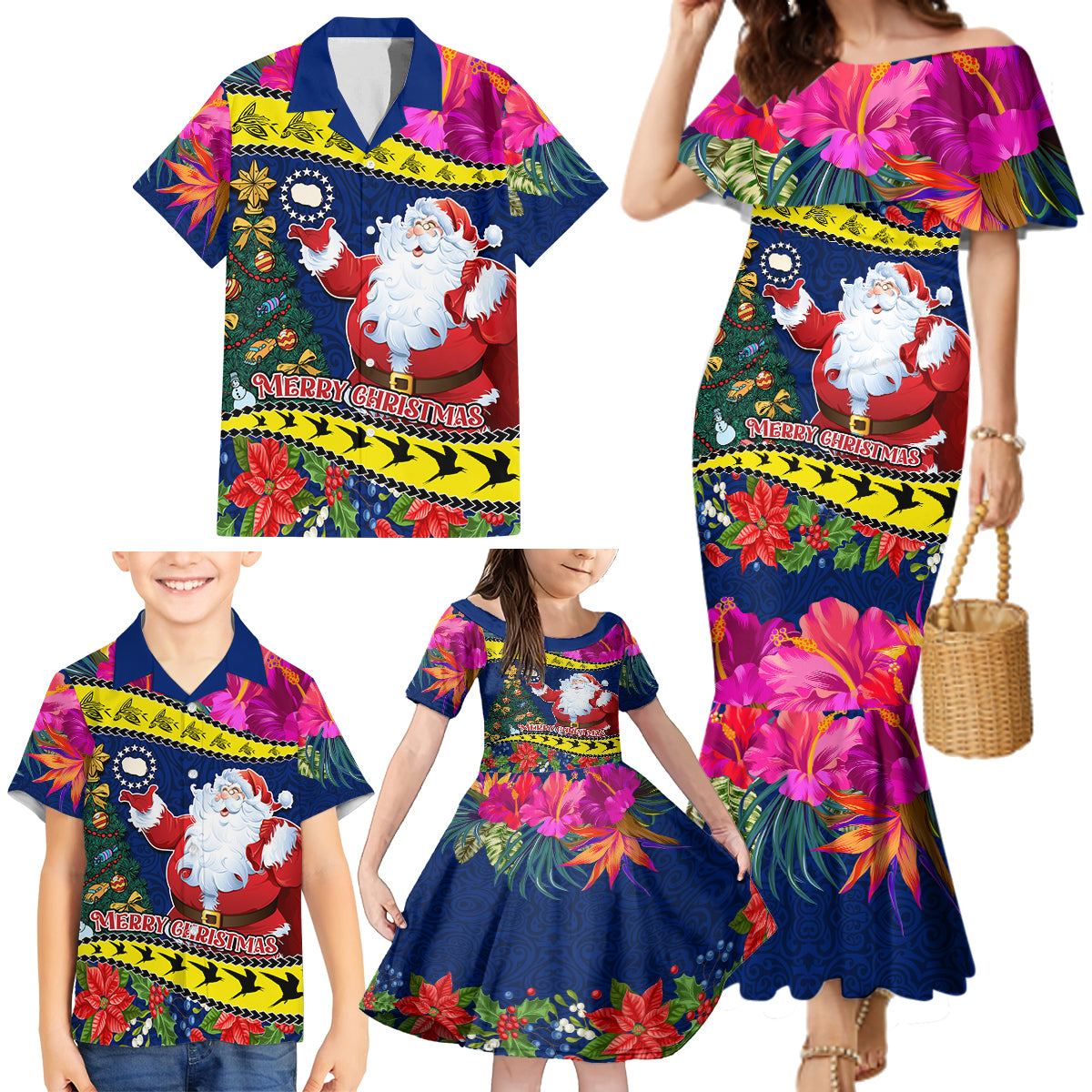 Cook Island Christmas Family Matching Mermaid Dress and Hawaiian Shirt Santa Claus Mix Maroro and Kakaia Hibiscus Flower Maori Pattern LT03 - Polynesian Pride