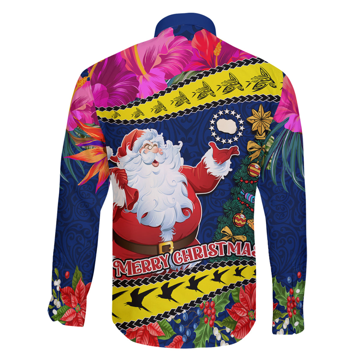 Cook Island Christmas Family Matching Puletasi Dress and Hawaiian Shirt Santa Claus Mix Maroro and Kakaia Hibiscus Flower Maori Pattern LT03 - Polynesian Pride