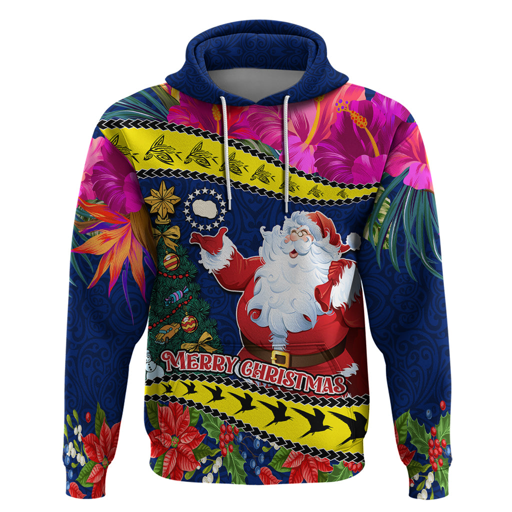 Cook Island Christmas Hoodie Santa Claus Mix Maroro and Kakaia Hibiscus Flower Maori Pattern LT03 Pullover Hoodie Blue - Polynesian Pride