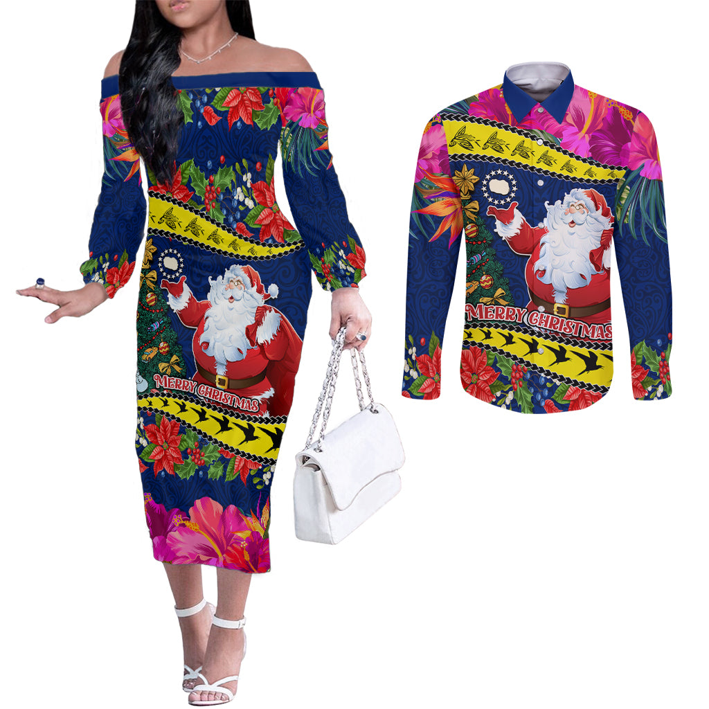 Personalised Cook Island Christmas Couples Matching Off The Shoulder Long Sleeve Dress and Long Sleeve Button Shirt Santa Claus Mix Maroro and Kakaia Hibiscus Flower Maori Pattern LT03 Blue - Polynesian Pride
