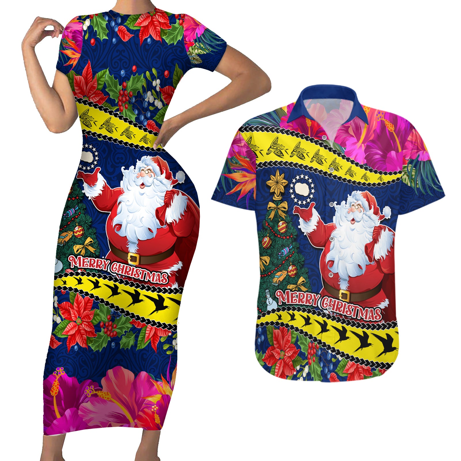 Personalised Cook Island Christmas Couples Matching Short Sleeve Bodycon Dress and Hawaiian Shirt Santa Claus Mix Maroro and Kakaia Hibiscus Flower Maori Pattern LT03 Blue - Polynesian Pride