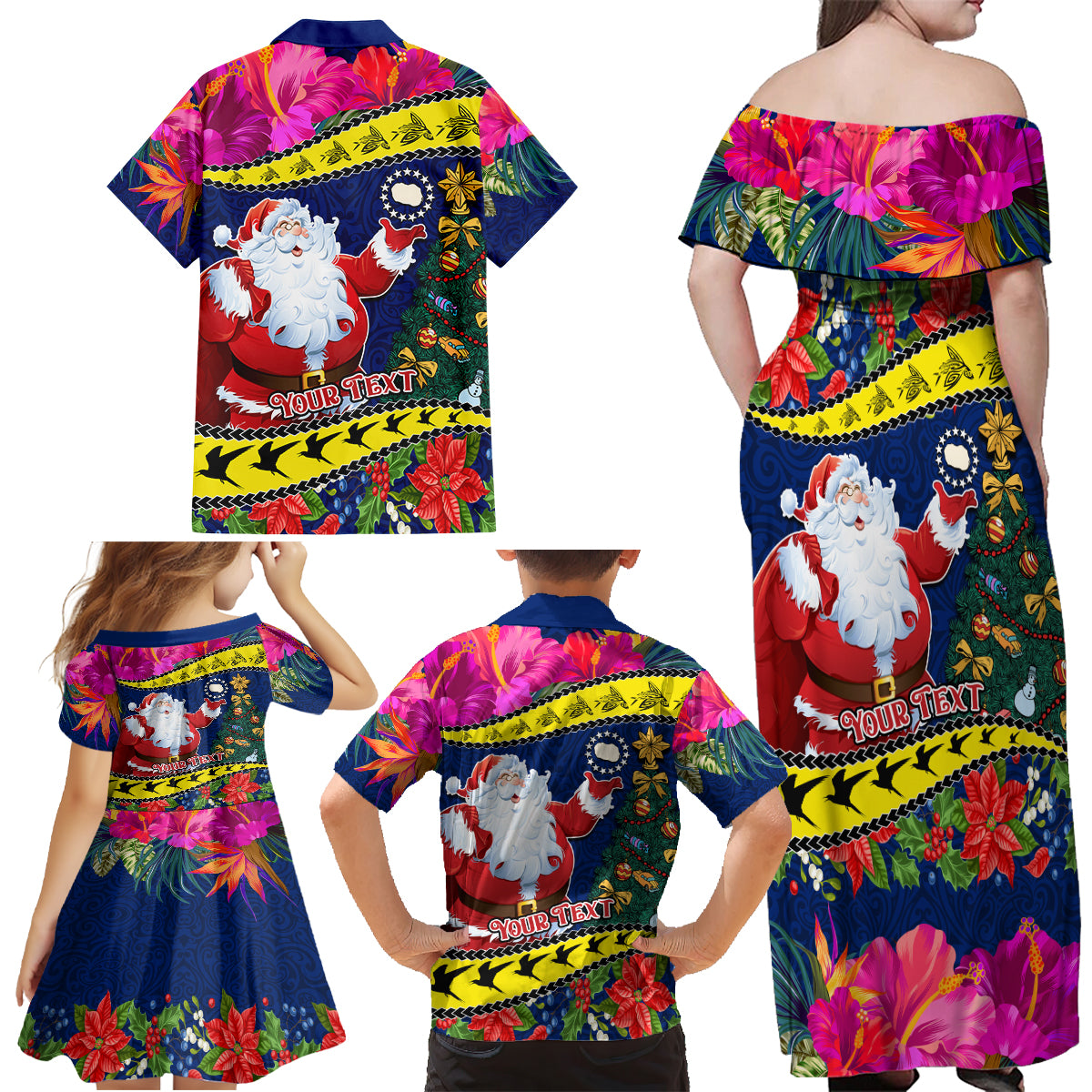 Personalised Cook Island Christmas Family Matching Off Shoulder Maxi Dress and Hawaiian Shirt Santa Claus Mix Maroro and Kakaia Hibiscus Flower Maori Pattern LT03 - Polynesian Pride