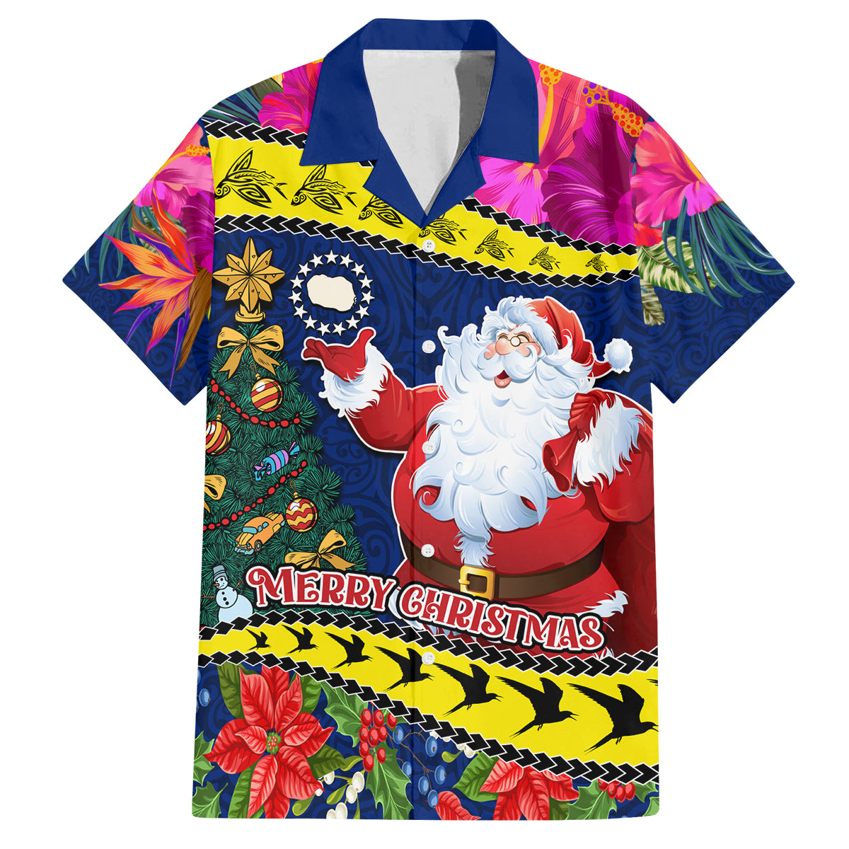 Personalised Cook Island Christmas Family Matching Tank Maxi Dress and Hawaiian Shirt Santa Claus Mix Maroro and Kakaia Hibiscus Flower Maori Pattern LT03 Dad's Shirt - Short Sleeve Blue - Polynesian Pride