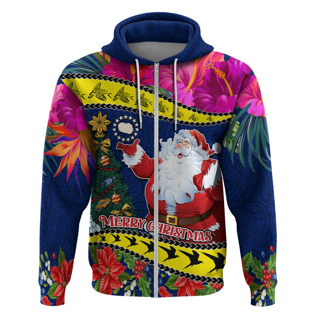 Personalised Cook Island Christmas Hoodie Santa Claus Mix Maroro and Kakaia Hibiscus Flower Maori Pattern LT03 - Polynesian Pride