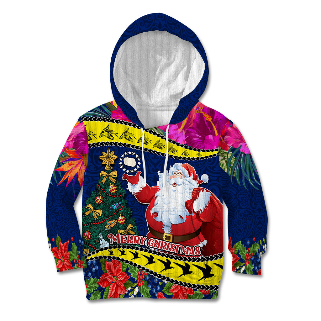 Personalised Cook Island Christmas Kid Hoodie Santa Claus Mix Maroro and Kakaia Hibiscus Flower Maori Pattern LT03 Hoodie Blue - Polynesian Pride