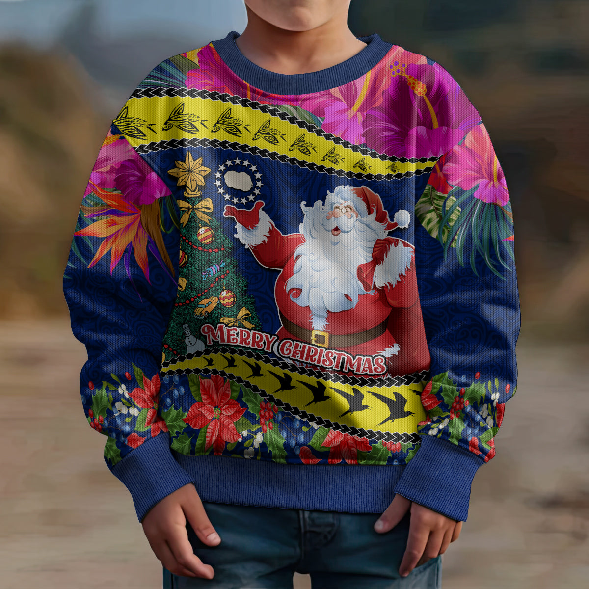 Personalised Cook Island Christmas Kid Ugly Christmas Sweater Santa Claus Mix Maroro and Kakaia Hibiscus Flower Maori Pattern LT03 - Polynesian Pride