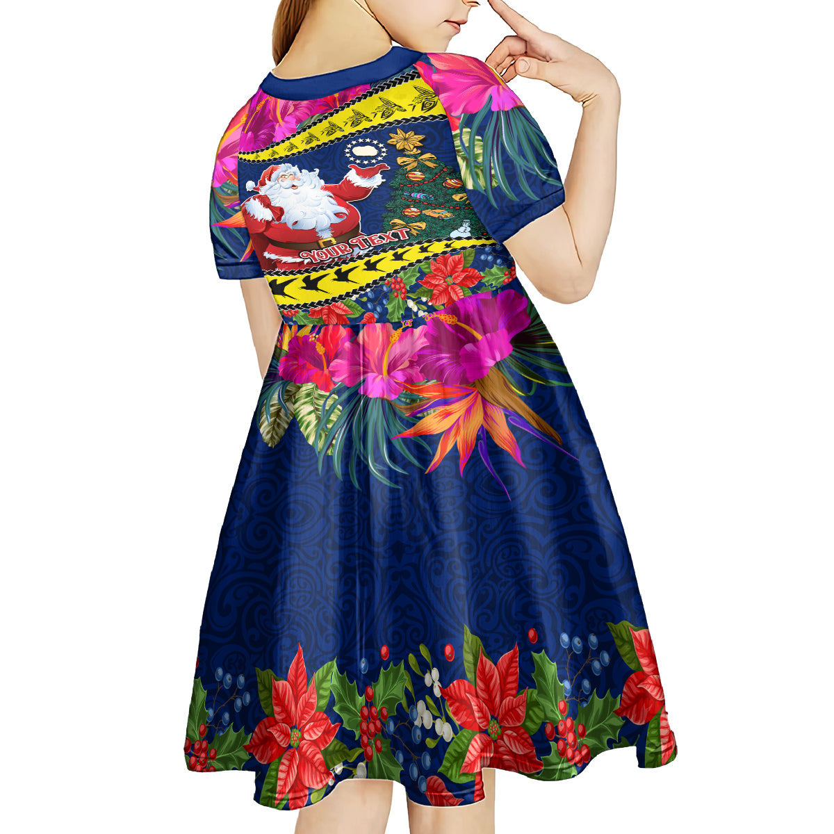 Personalised Cook Island Christmas Kid Short Sleeve Dress Santa Claus Mix Maroro and Kakaia Hibiscus Flower Maori Pattern LT03 - Polynesian Pride