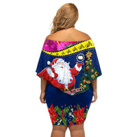 Personalised Cook Island Christmas Off Shoulder Short Dress Santa Claus Mix Maroro and Kakaia Hibiscus Flower Maori Pattern LT03 - Polynesian Pride