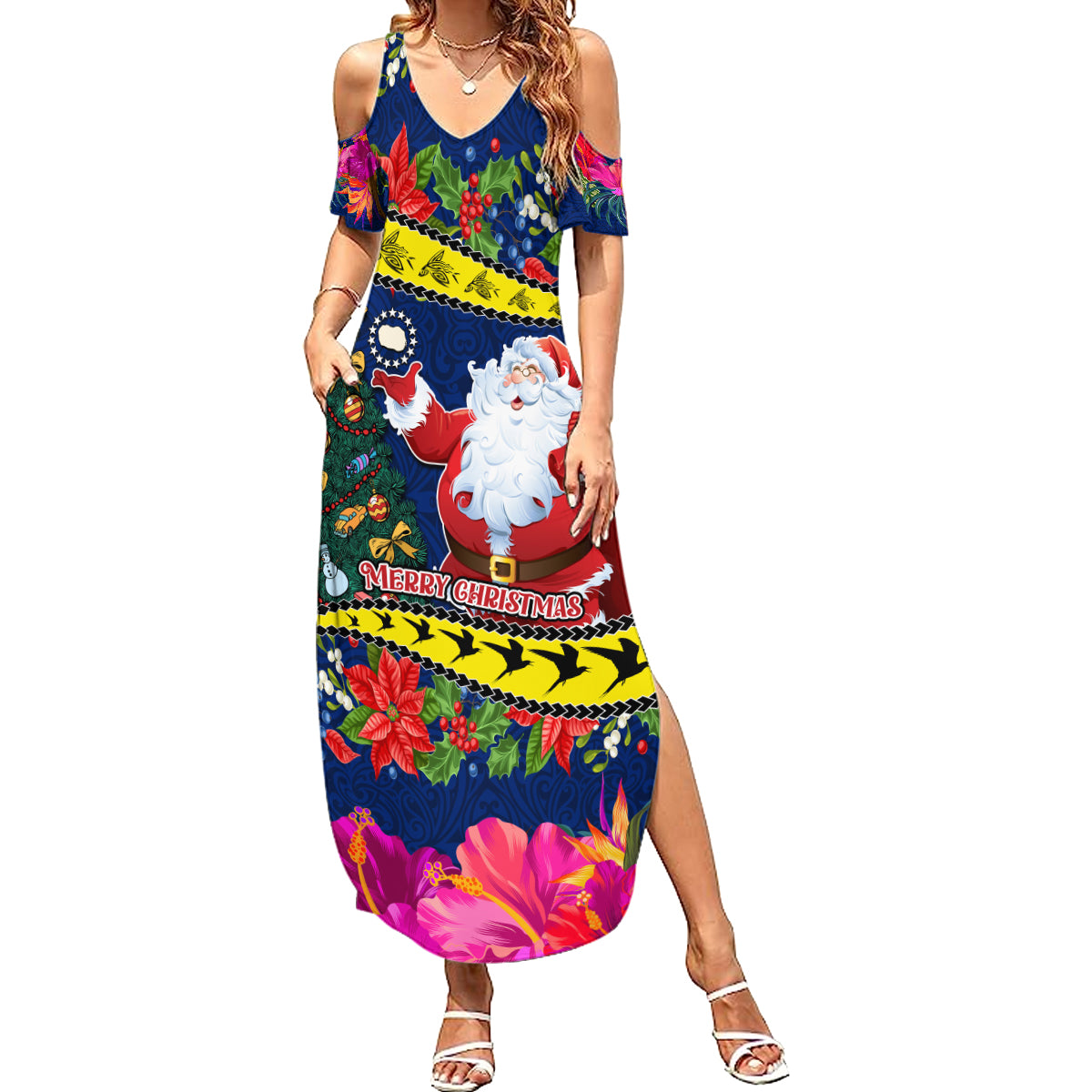 Personalised Cook Island Christmas Summer Maxi Dress Santa Claus Mix Maroro and Kakaia Hibiscus Flower Maori Pattern LT03 Women Blue - Polynesian Pride