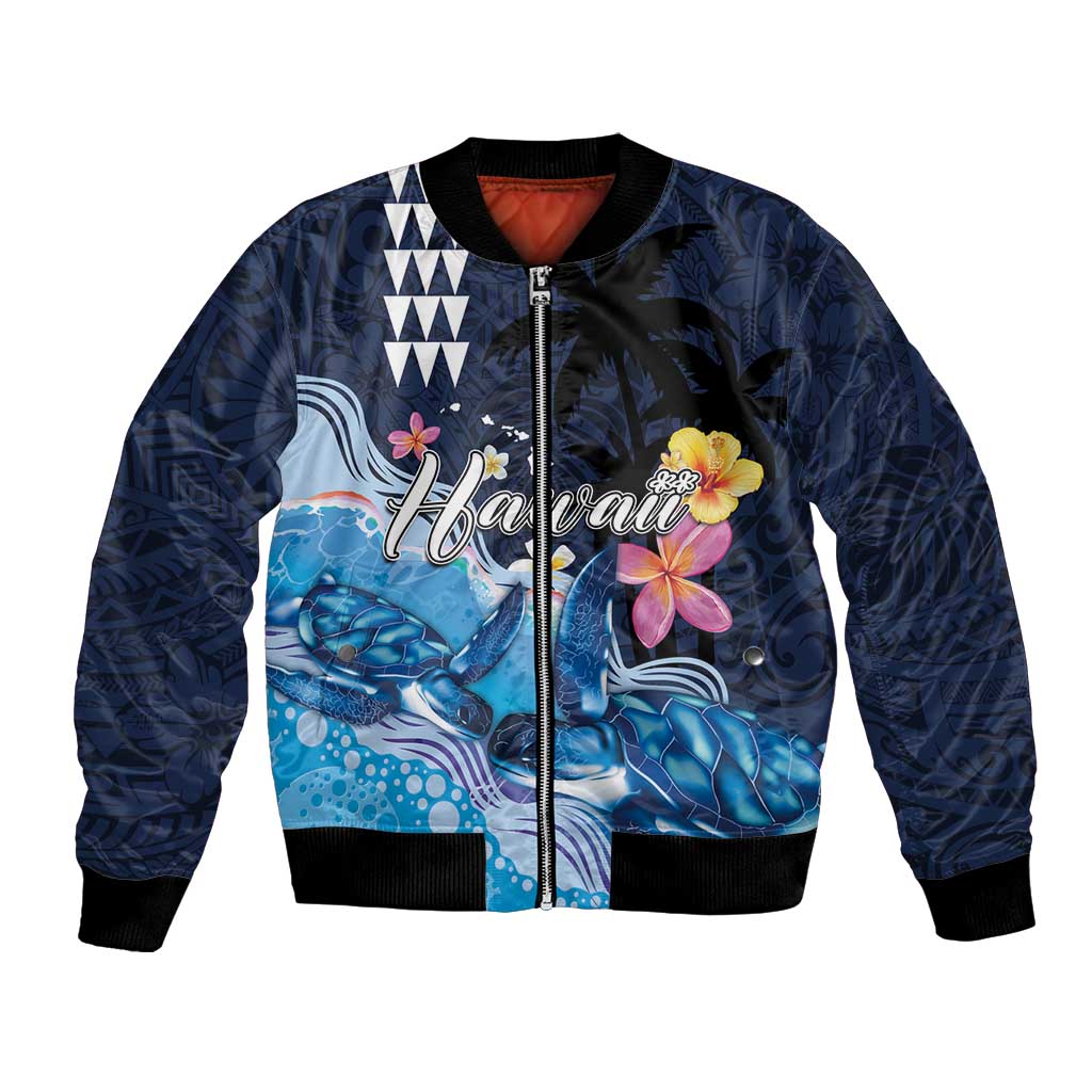 Hawaiian Honu Honi Ihu Bomber Jacket With Plumeria and Kakau Art Pattern