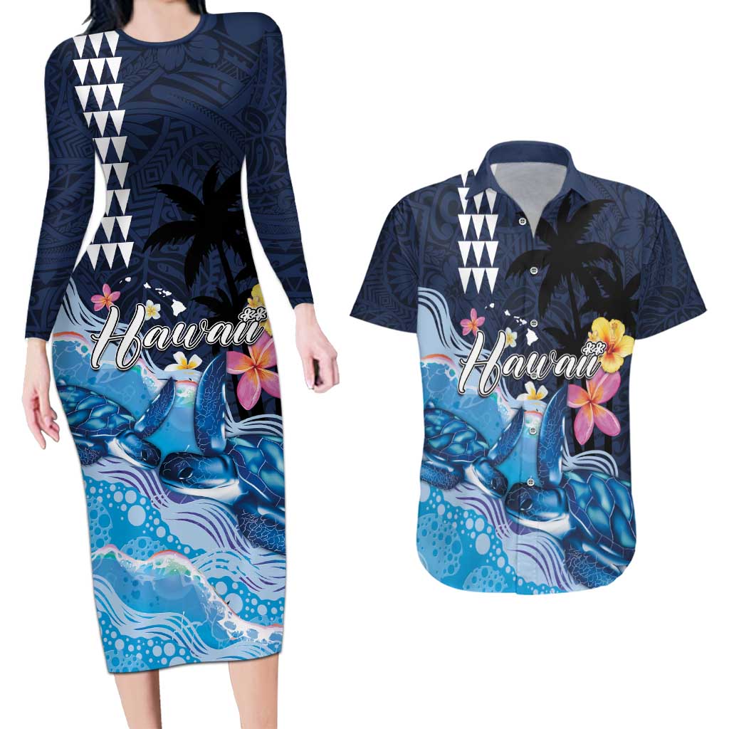 Hawaiian Honu Honi Ihu Couples Matching Long Sleeve Bodycon Dress and Hawaiian Shirt With Plumeria and Kakau Art Pattern