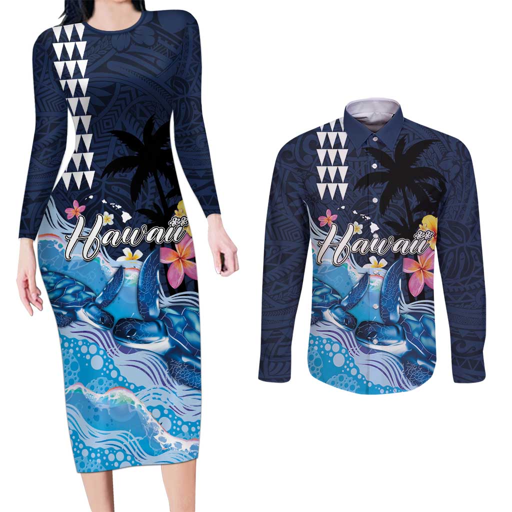 Hawaiian Honu Honi Ihu Couples Matching Long Sleeve Bodycon Dress and Long Sleeve Button Shirt With Plumeria and Kakau Art Pattern