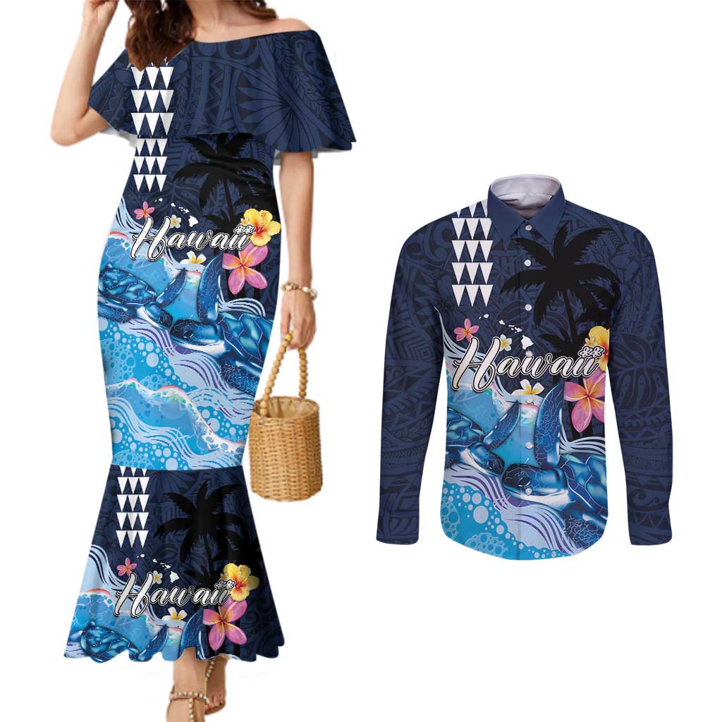 Hawaiian Honu Honi Ihu Couples Matching Mermaid Dress and Long Sleeve Button Shirt With Plumeria and Kakau Art Pattern