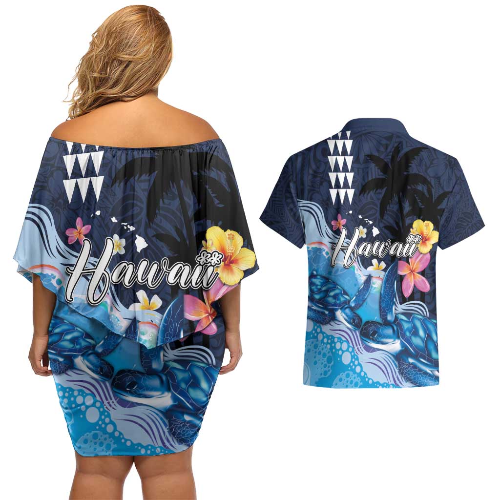 Hawaiian Honu Honi Ihu Couples Matching Off Shoulder Short Dress and Hawaiian Shirt With Plumeria and Kakau Art Pattern