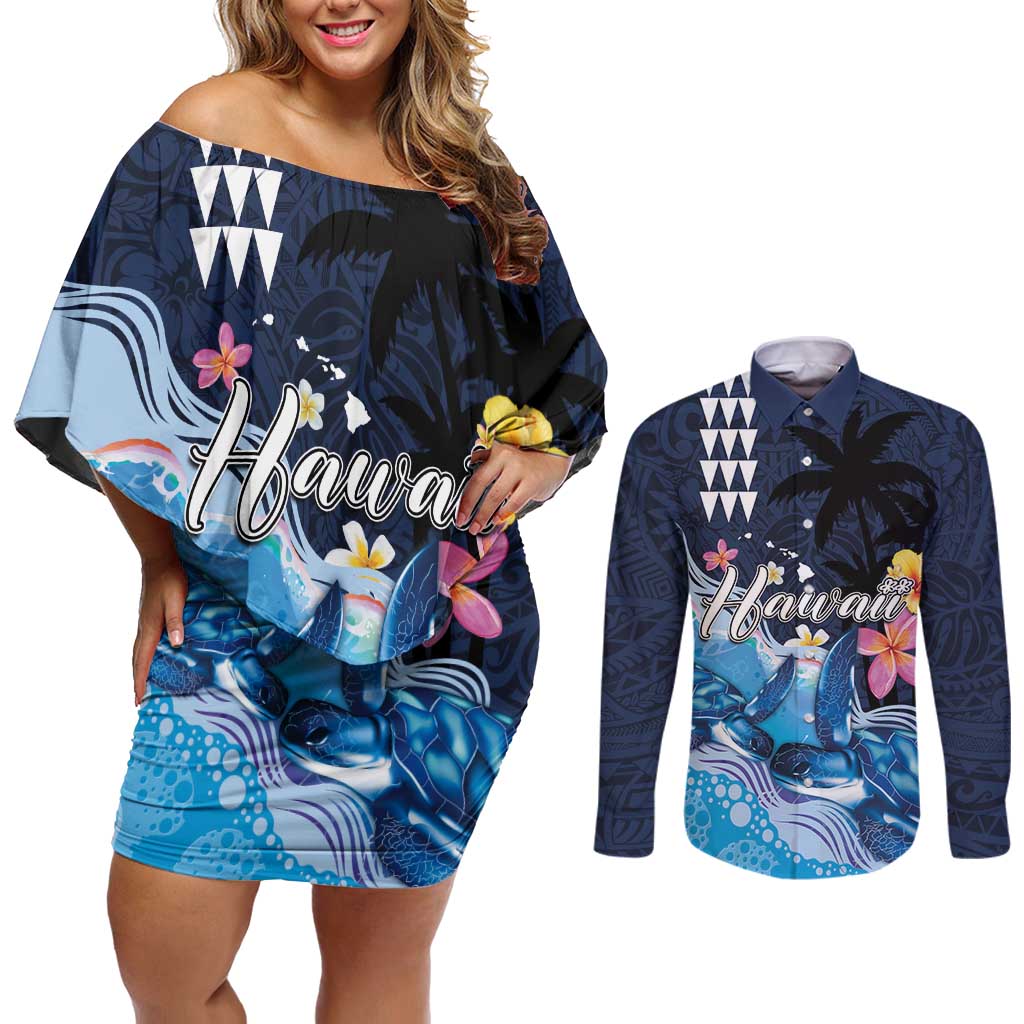 Hawaiian Honu Honi Ihu Couples Matching Off Shoulder Short Dress and Long Sleeve Button Shirt With Plumeria and Kakau Art Pattern