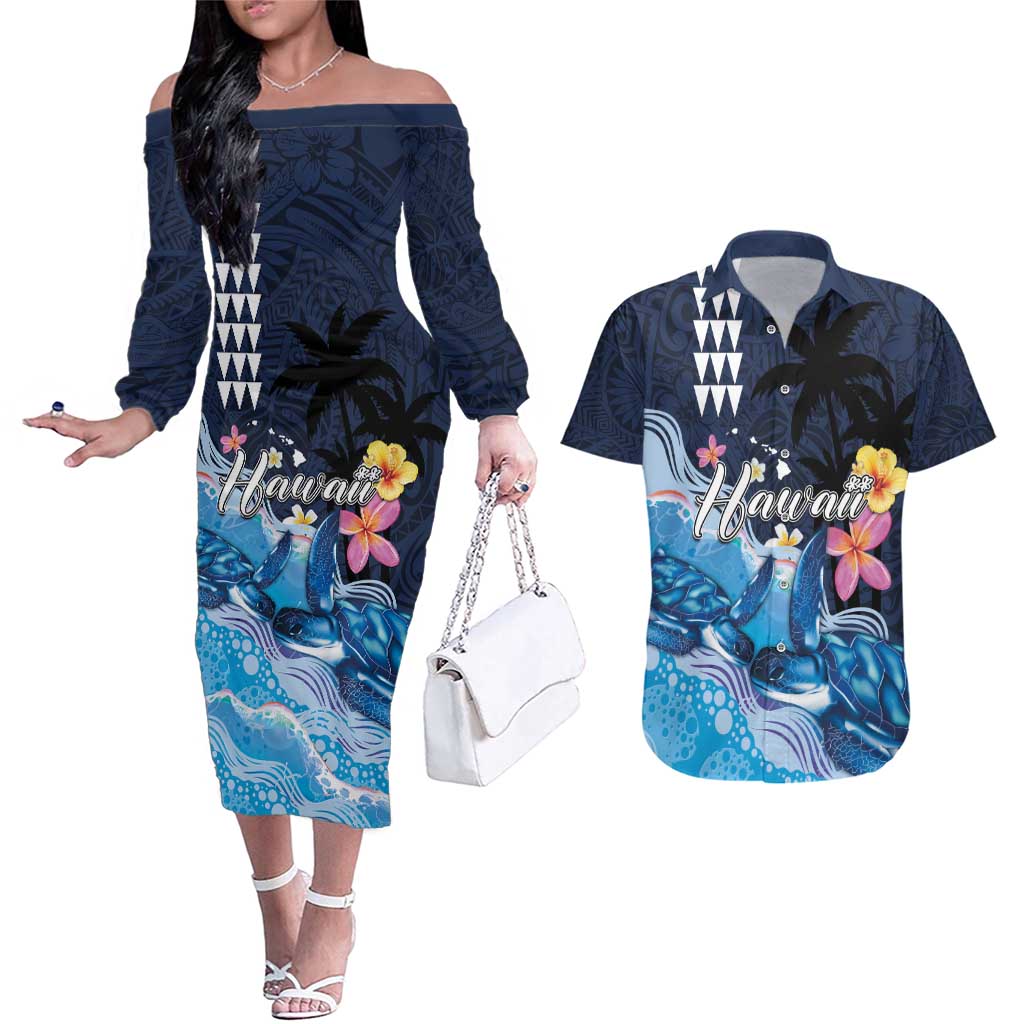 Hawaiian Honu Honi Ihu Couples Matching Off The Shoulder Long Sleeve Dress and Hawaiian Shirt With Plumeria and Kakau Art Pattern