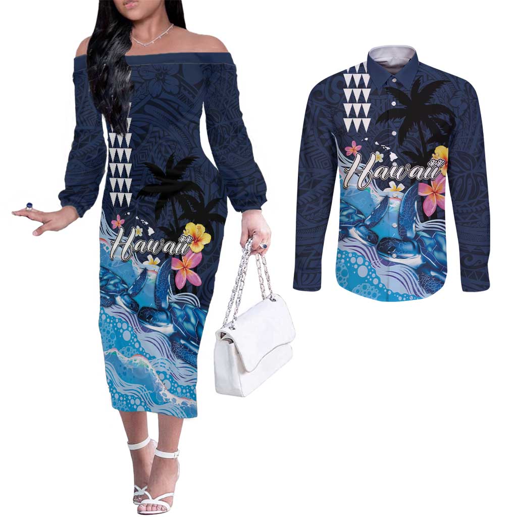 Hawaiian Honu Honi Ihu Couples Matching Off The Shoulder Long Sleeve Dress and Long Sleeve Button Shirt With Plumeria and Kakau Art Pattern