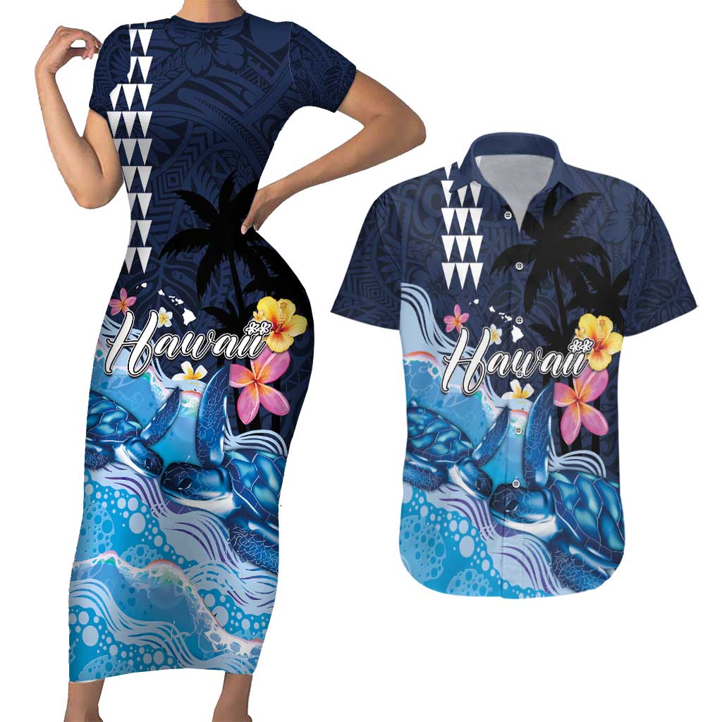 Hawaiian Honu Honi Ihu Couples Matching Short Sleeve Bodycon Dress and Hawaiian Shirt With Plumeria and Kakau Art Pattern