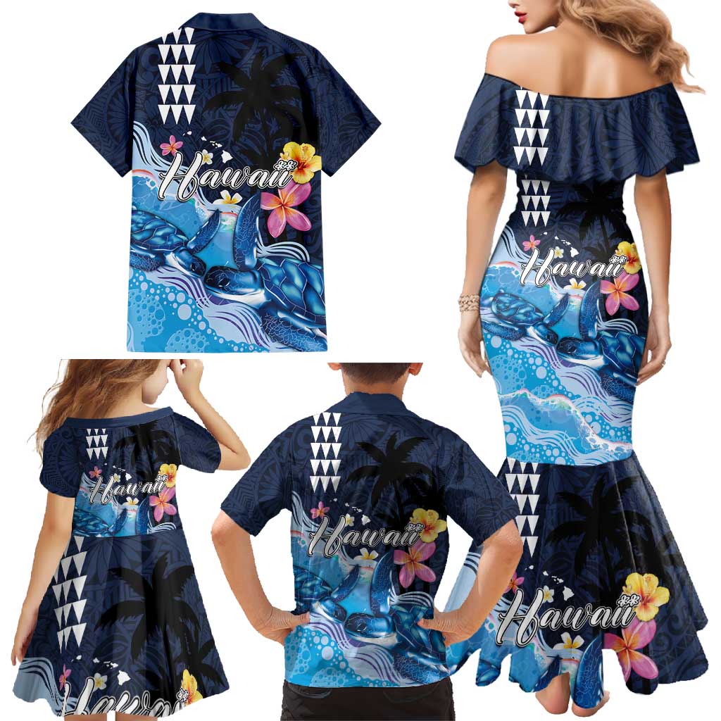 Hawaiian Honu Honi Ihu Family Matching Mermaid Dress and Hawaiian Shirt With Plumeria and Kakau Art Pattern