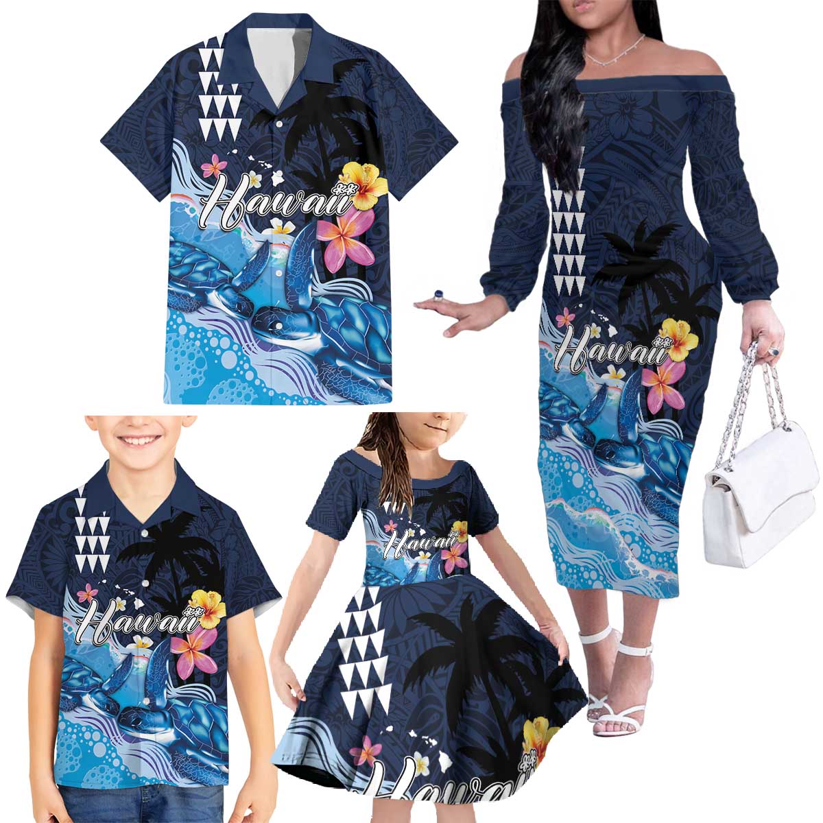 Hawaiian Honu Honi Ihu Family Matching Off The Shoulder Long Sleeve Dress and Hawaiian Shirt With Plumeria and Kakau Art Pattern