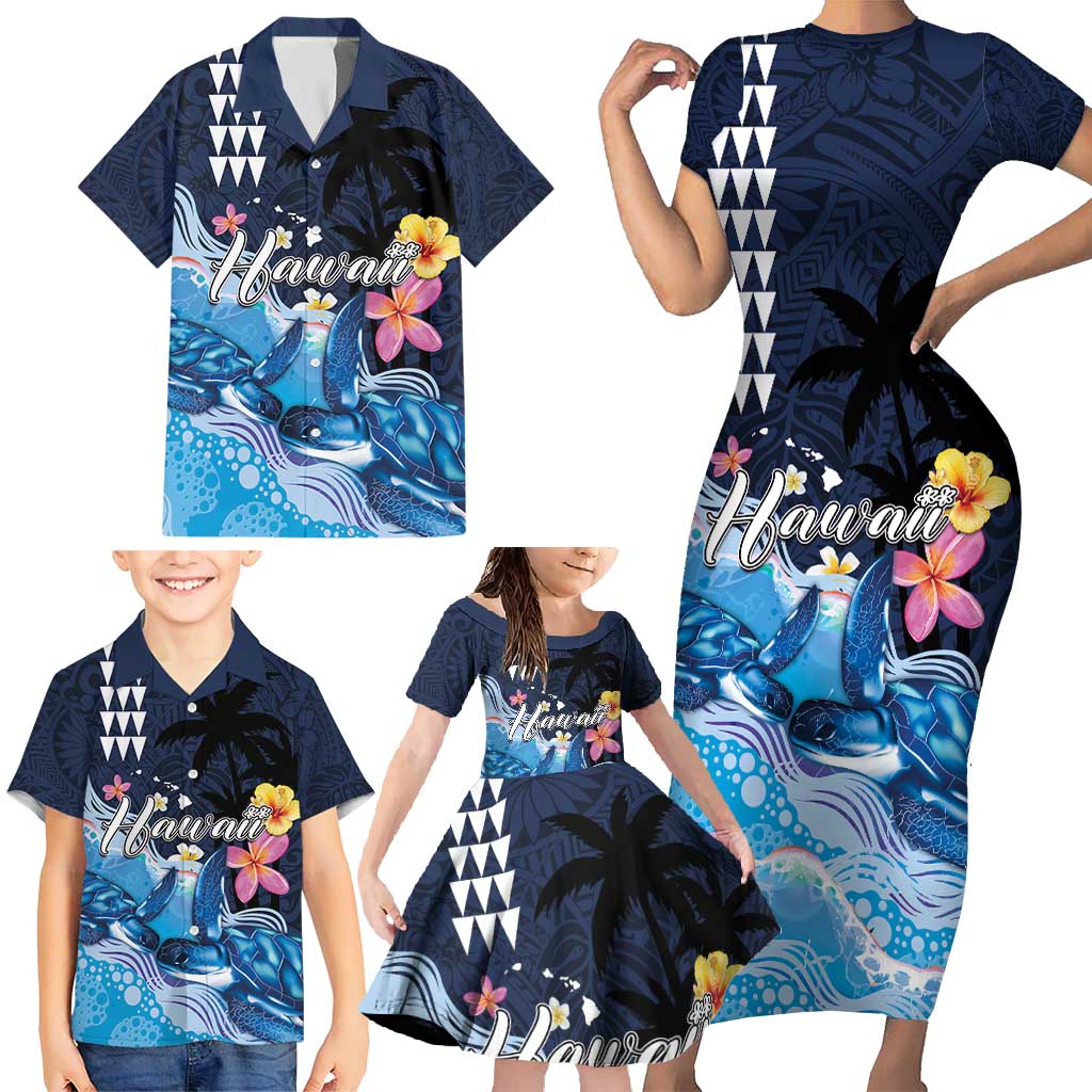 Hawaiian Honu Honi Ihu Family Matching Short Sleeve Bodycon Dress and Hawaiian Shirt With Plumeria and Kakau Art Pattern