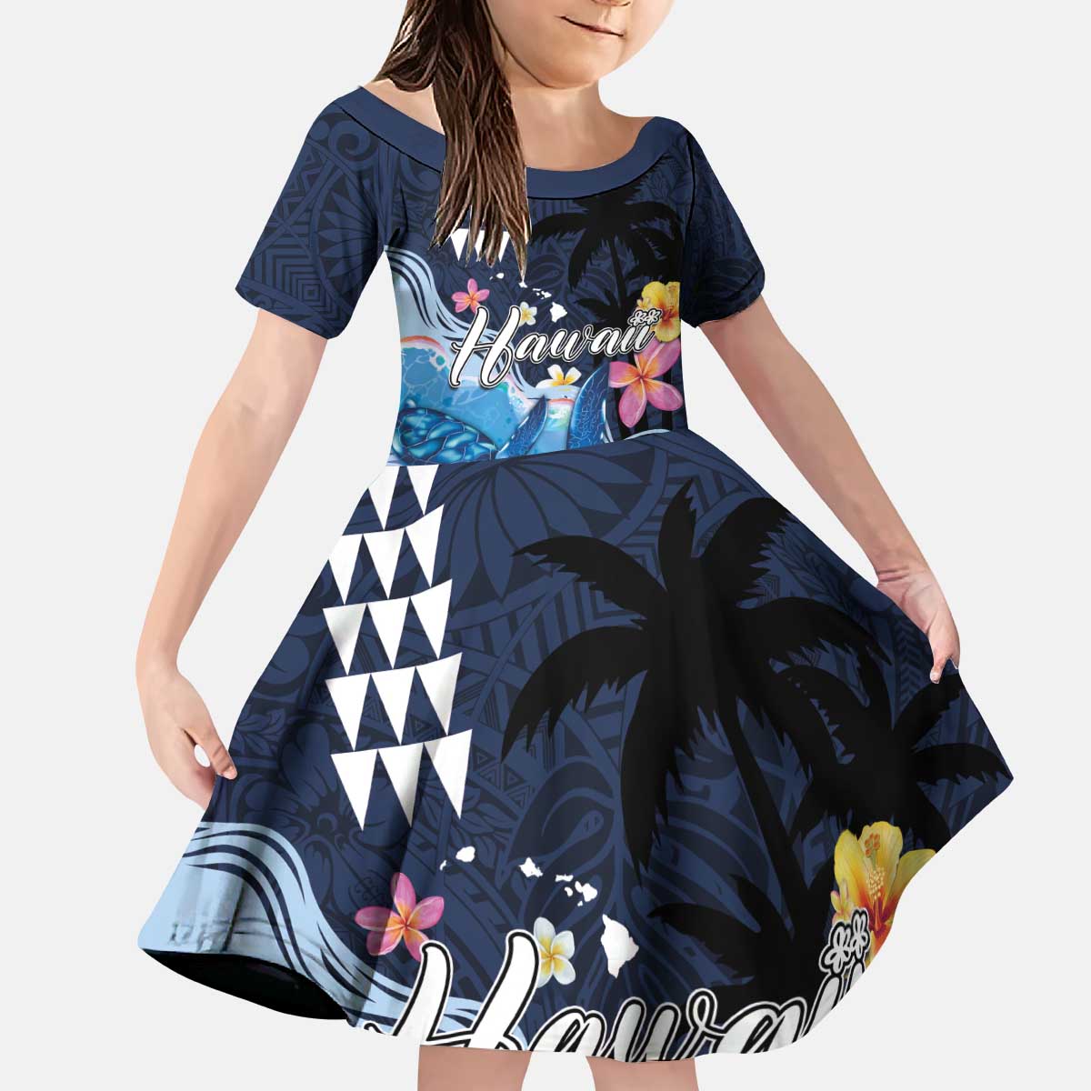 Hawaiian Honu Honi Ihu Kid Short Sleeve Dress With Plumeria and Kakau Art Pattern