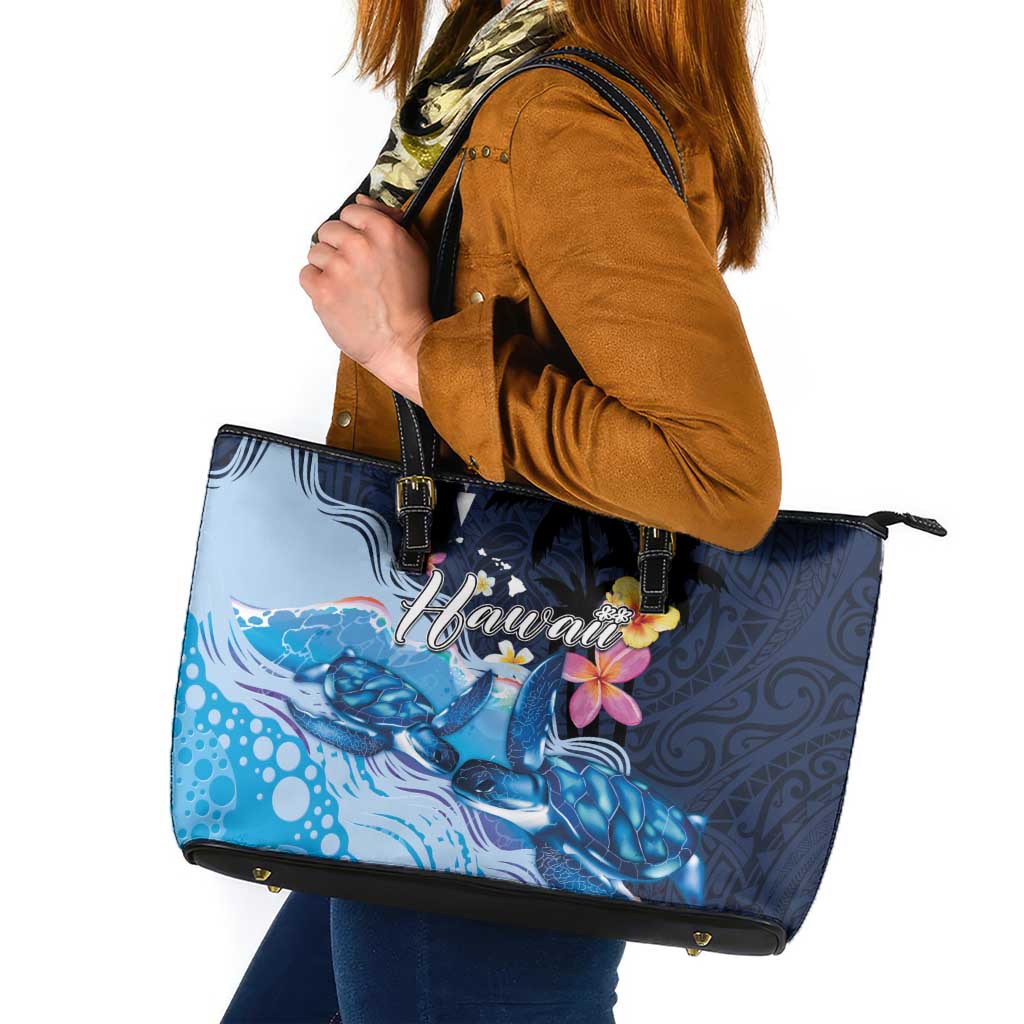 Hawaiian Honu Honi Ihu Leather Tote Bag With Plumeria and Kakau Art Pattern