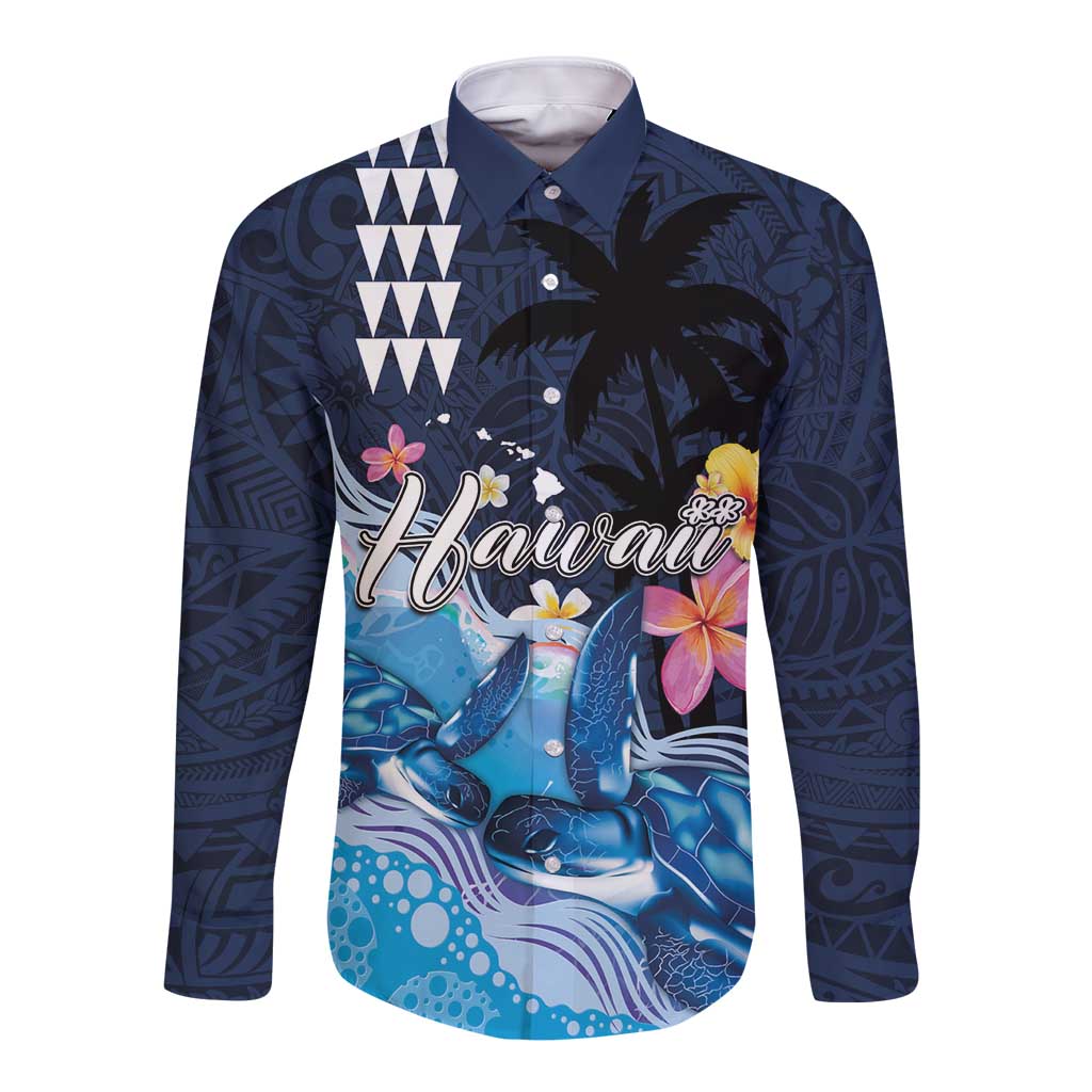 Hawaiian Honu Honi Ihu Long Sleeve Button Shirt With Plumeria and Kakau Art Pattern