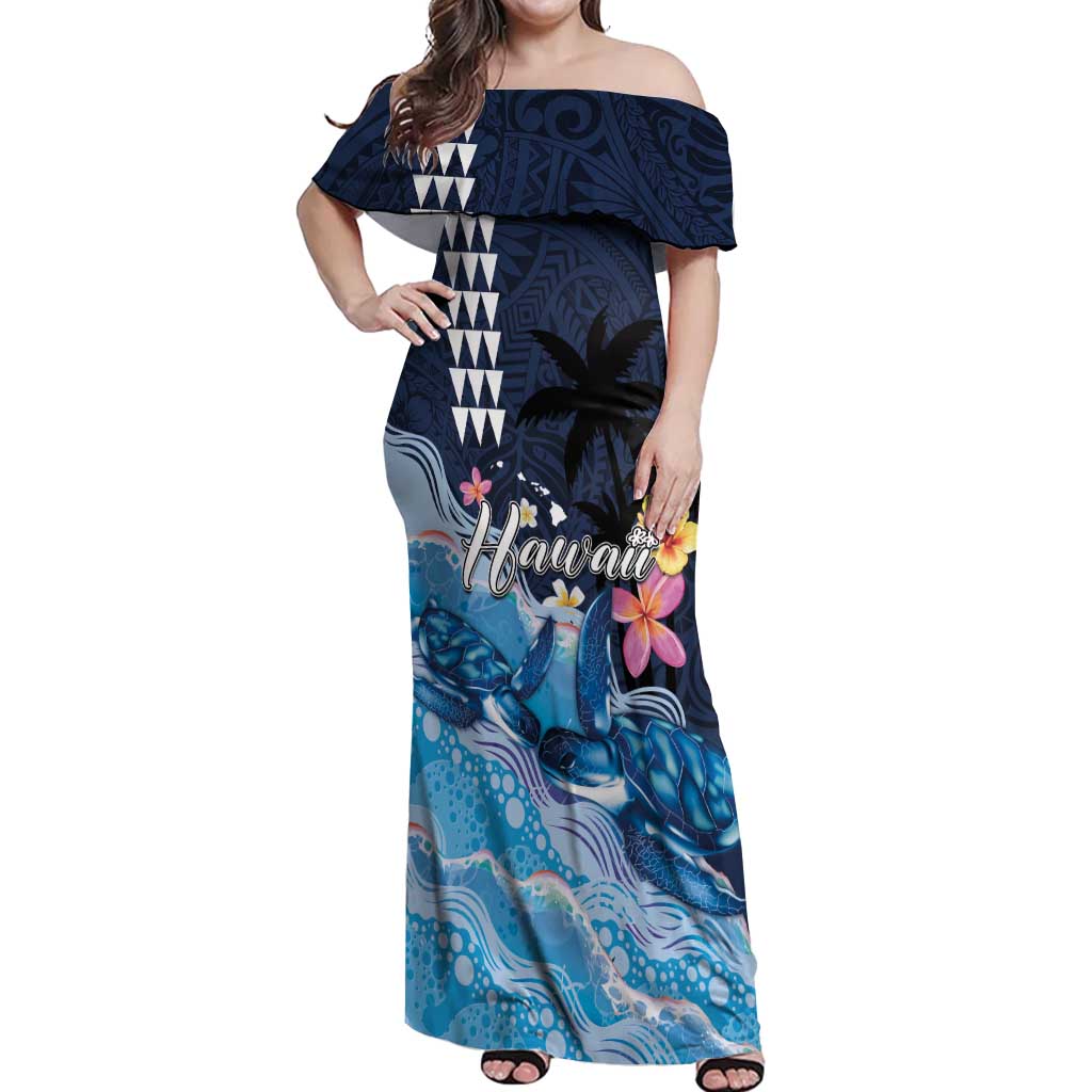 Hawaiian Honu Honi Ihu Off Shoulder Maxi Dress With Plumeria and Kakau Art Pattern