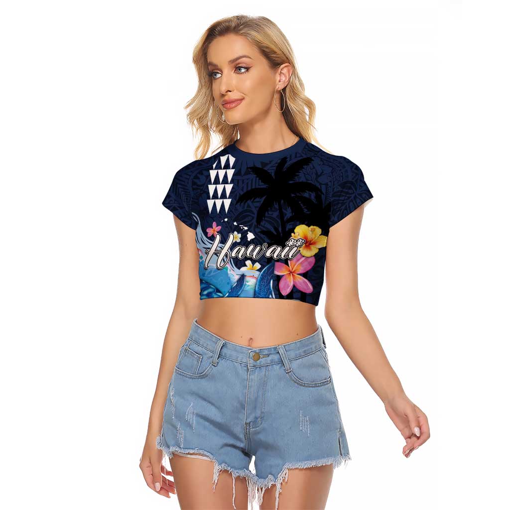 Hawaiian Honu Honi Ihu Raglan Cropped T Shirt With Plumeria and Kakau Art Pattern