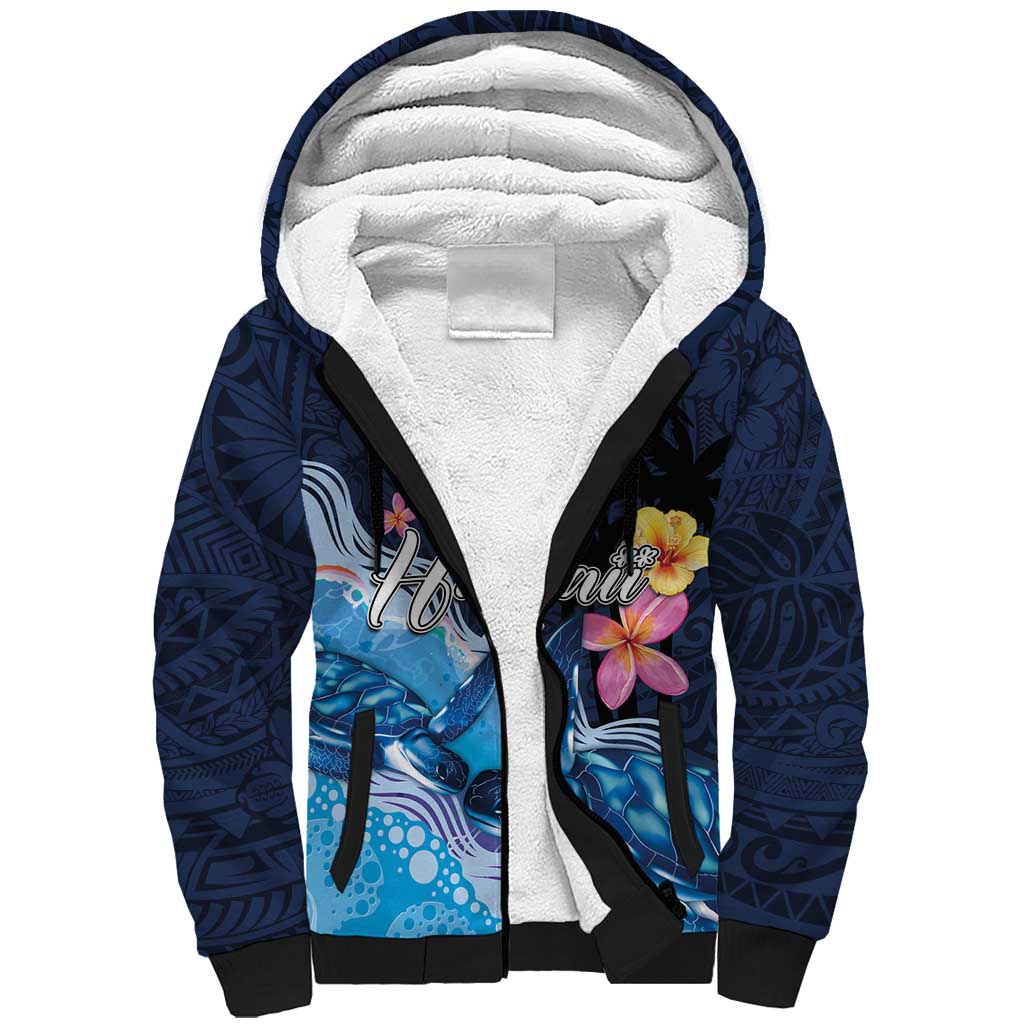 Hawaiian Honu Honi Ihu Sherpa Hoodie With Plumeria and Kakau Art Pattern