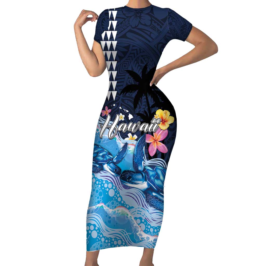 Hawaiian Honu Honi Ihu Short Sleeve Bodycon Dress With Plumeria and Kakau Art Pattern