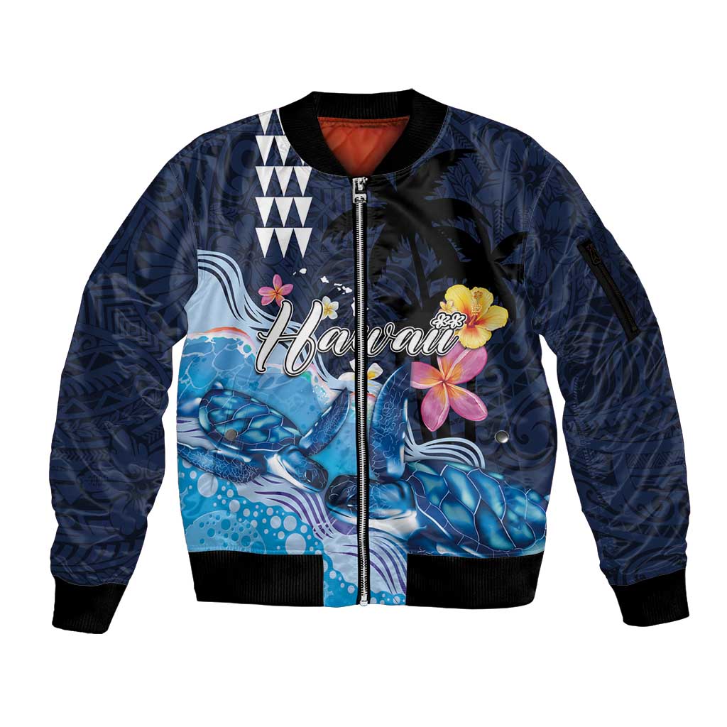 Hawaiian Honu Honi Ihu Sleeve Zip Bomber Jacket With Plumeria and Kakau Art Pattern